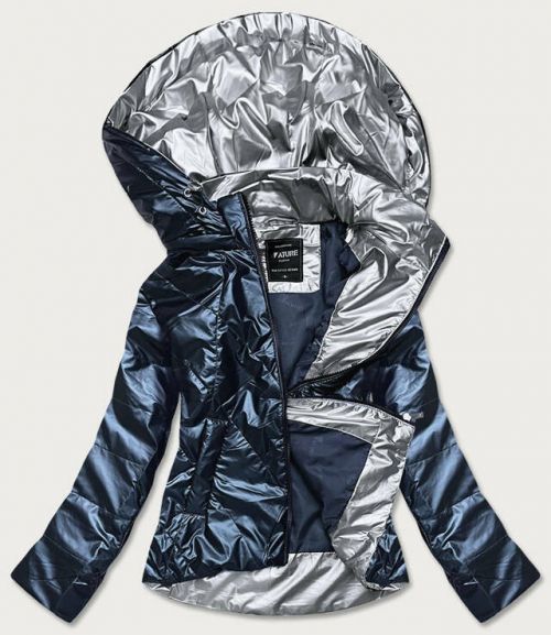Šedomodrá dámská bunda se stříbrnou kapucí (RQW-7008) - S (36)