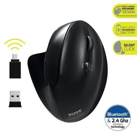 PORT CONNECT ERGONOMIC RECHARGEABLE bezdrátová ergonomická myš, 2,4 Ghz & Bluetooth®, USB-A/C, černá, 900706-BT