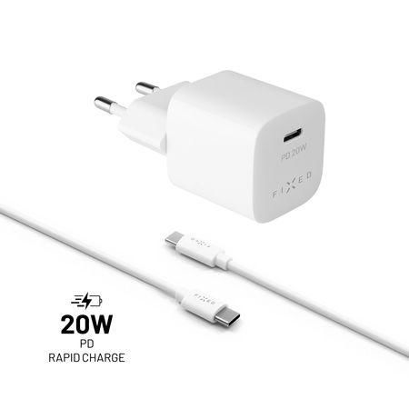 Set síťové nabíječky FIXED Mini s USB-C výstupem a USB-C/USB-C kabelu, podpora PD, 1 metr, 20W, bílý