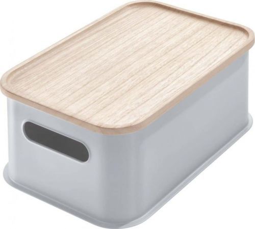 Šedý úložný box s víkem ze dřeva paulownia iDesign Eco Handled, 21,3 x 30,2 cm