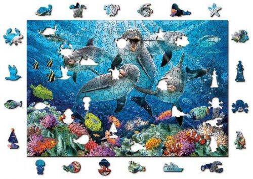 WOODEN CITY Dřevěné puzzle Šťastní delfíni 2v1, 505 dílků EKO