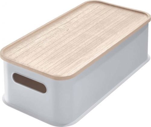 Šedý úložný box s víkem ze dřeva paulownia iDesign Eco Handled, 21,3 x 43 cm