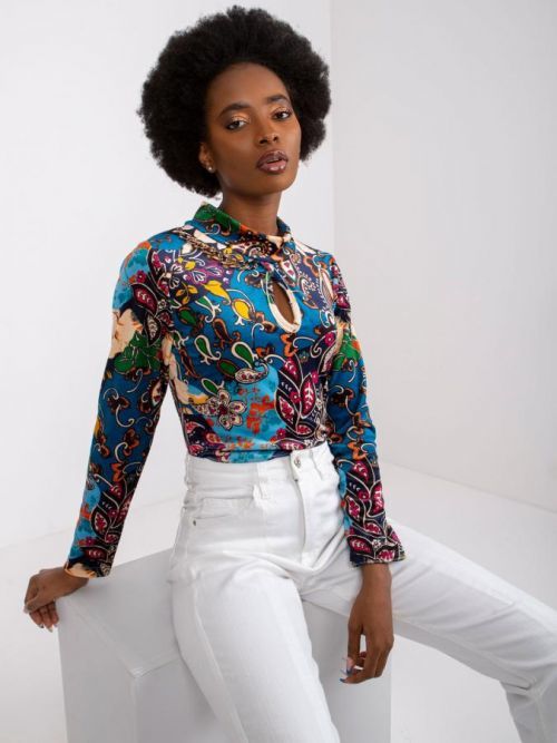 MODRÁ VELUROVÁ HALENKA BOLOGNA SE VZORY -DHJ-BZ-6291-1.77P-BLUE Velikost: ONE SIZE