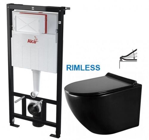 ALCAPLAST Sádromodul předstěnový instalační systém bez tlačítka + WC MEXEN LENA ČERNÁ Rimless + SEDÁTKO AM101/1120 X ME01