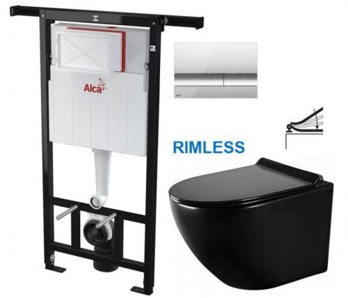 ALCAPLAST Jádromodul předstěnový instalační systém s chromovým tlačítkem M1721 + WC MEXEN LENA ČERNÁ Rimless + SEDÁTKO AM102/1120 M1721 ME01