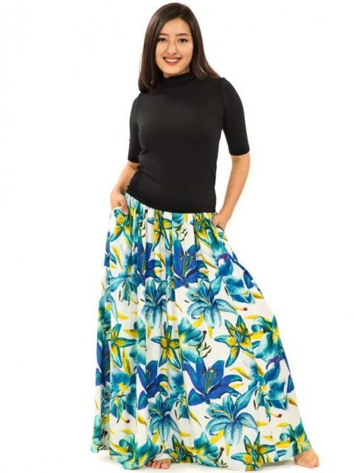 Himalife Maxi sukně s kapsami Lilie -  bílá s tyrkysovou Velikost: S/M