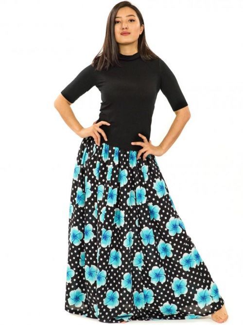Himalife Maxi sukně s kapsami  Plumeria - černá s tyrkysovou Velikost: S/M