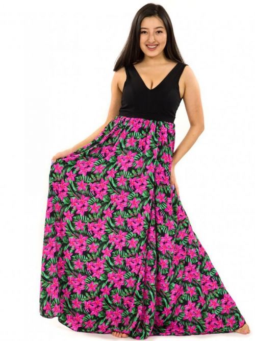 Himalife Dlouhé maxi šaty Plumeria - zelená s růžovou Velikost: S/M