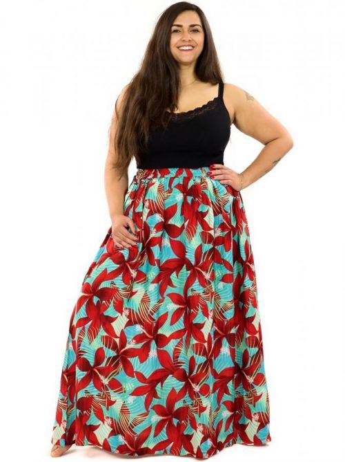 Himalife Maxi sukně s kapsami Ibišek - tyrkysová s červenou Velikost: S/M