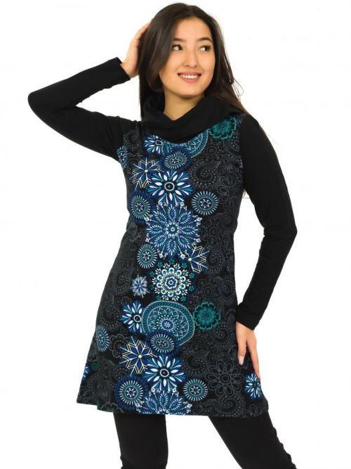 Himalife Tunika / šaty s límcem Lora - černá s modrou a tyrkysovou Velikost: S