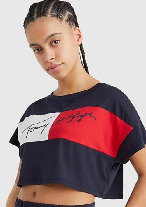 Dámský crop top Tommy Hilfiger UW0UW03467 L Tm. modrá