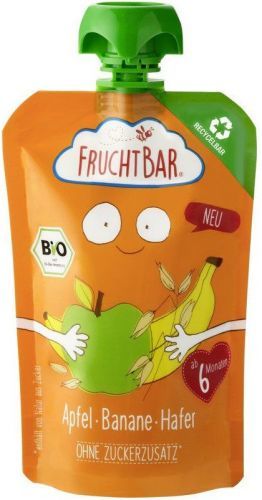 Fruchtbar BIO 100% Recykovatelná ovocná kapsička s jablkem, pomerančem, banánem a ovsem 100 g