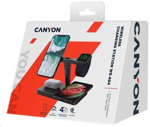 CANYON Bezdrátová nabíječka WS-404B + adapter, 4v1, Qi & Apple MagSafe, vstup 12V/3A, výstup 15/10/7.5/5W, černá