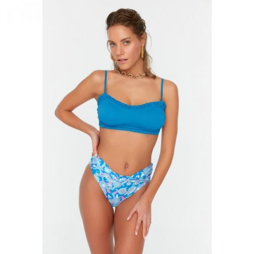 Trendyol Blue Floral Pattern High Waist Bikini Bottom
