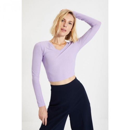 Trendyol Lilac Crop Corduroy Knitted Blouse