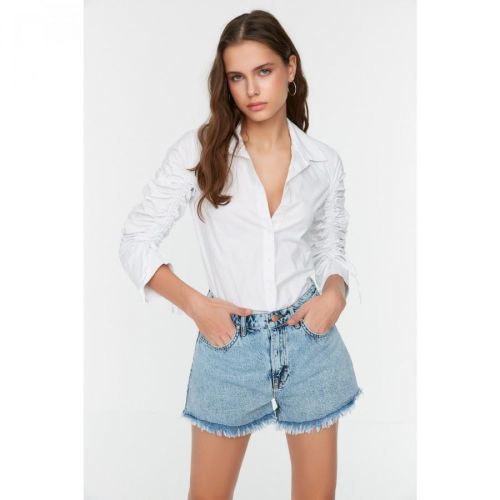 Trendyol Blue Tasseled Denim Shorts
