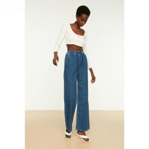 Trendyol Blue Elastic Waist High Waist Wide Leg Jeans