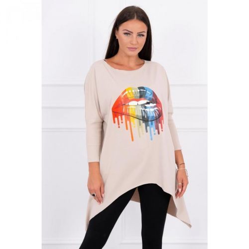 Blouse oversize with rainbow lips print beige