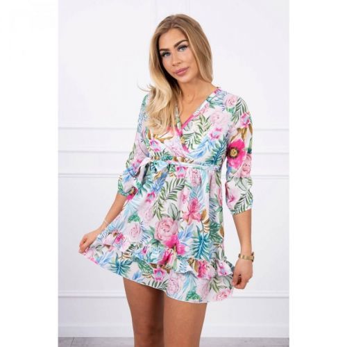 Floral dress tied at the waist ecru