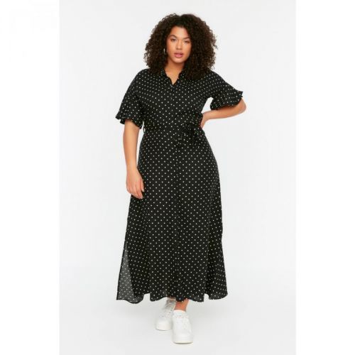 Trendyol Curve Black Polka Dot Belted Woven Dress
