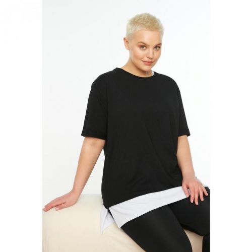 Trendyol Curve Black Single Jersey Piece Detailed Boyfriend Knitted T-Shirt