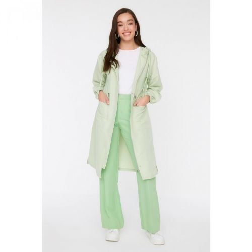 Trendyol Mint Hooded Pocket Detailed Woven Trench Coat