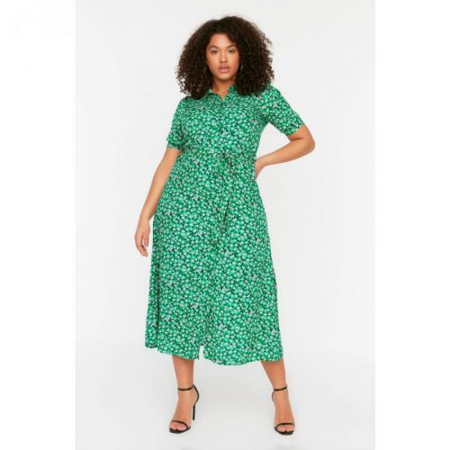 Trendyol Curve Green Belted Woven Shirt Dress