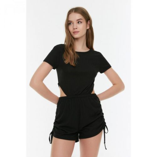 Trendyol Black Cut-Out Ruffle Detailed Camisole Knitted Jumpsuit