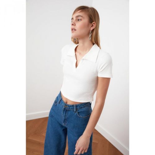 Trendyol White V Neck Crop Knitted Blouse