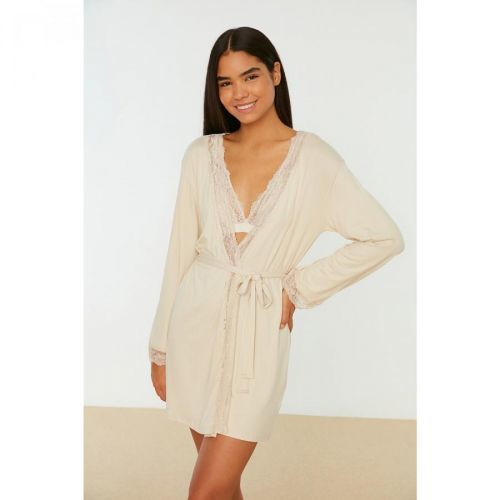Trendyol Ecru Lace Detailed Viscose Knitted Dressing Gown