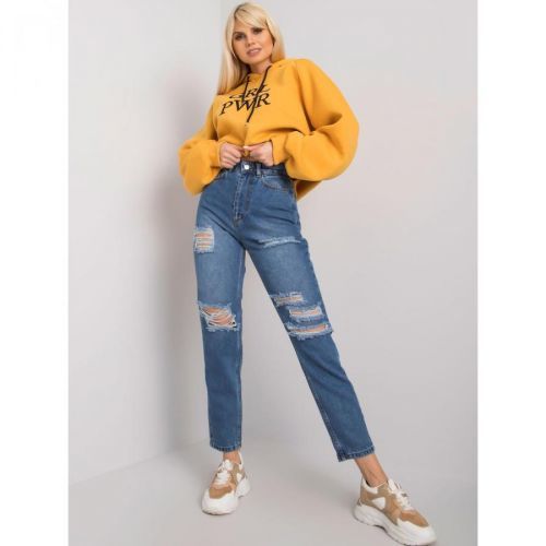 RUE PARIS Blue mom denim jeans with holes