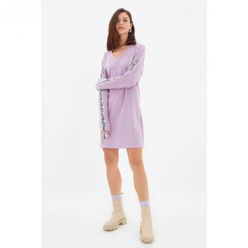Trendyol Lilac Stripe Detailed V-Neck Knitted Dress