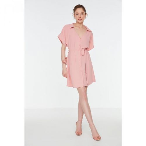Trendyol Pink Belted Shirt Dress