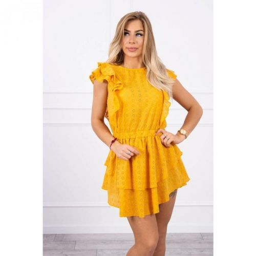 Embroidered dress with flounces mustard