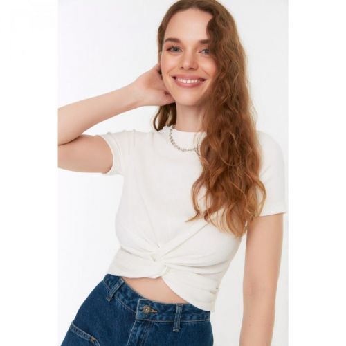 Trendyol White Tie Detailed Crop Knitted Blouse