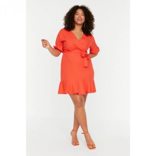 Trendyol Curve Orange Double Breasted Collar Belted Woven Dress