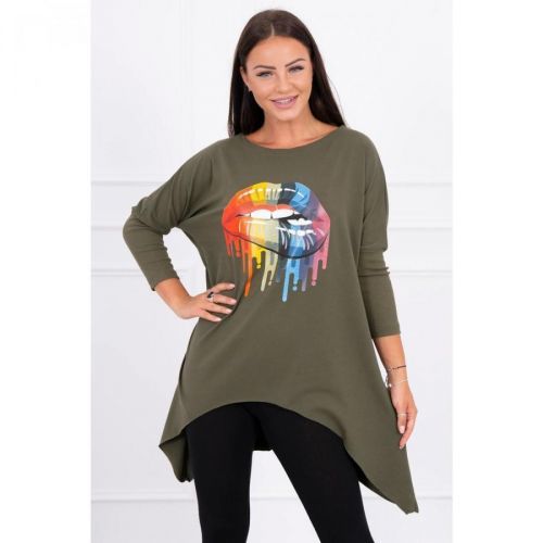 Blouse oversize with rainbow lips print khaki