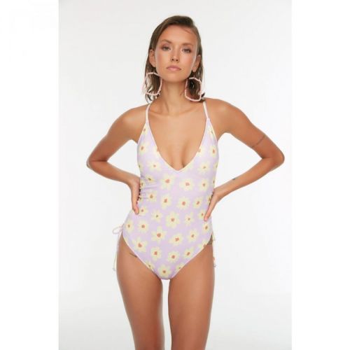 Trendyol White-Lilac Floral Patterned Back Detailed Swimsuit