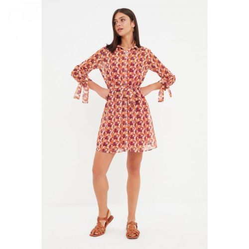 Trendyol Brown Belted Patterned Dress