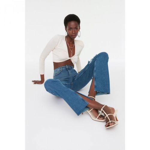 Trendyol Ripped Detailed High Waist Flare Jeans with Blue Slits