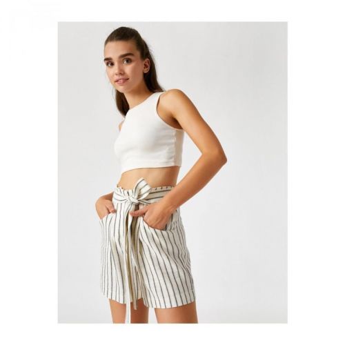 Koton Belted Waist Striped High Waist Shorts With Pockets