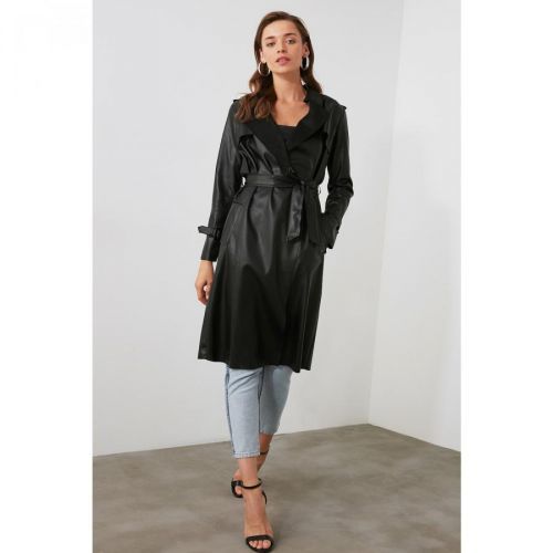 Trendyol Black Belted Faux Leather Trench Coat