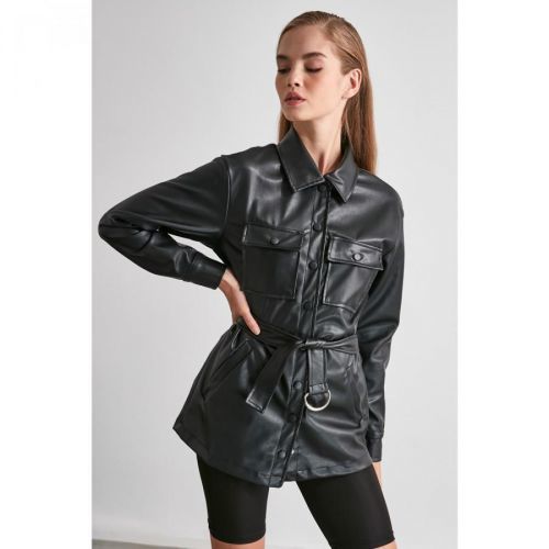 Trendyol Black Faux Leather Metal Buckle Belt Coat