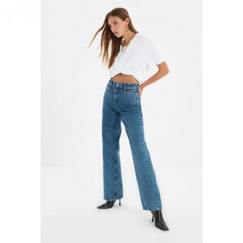 Trendyol Dark Blue Waist Detailed High Waist 90's Wide Leg Jeans