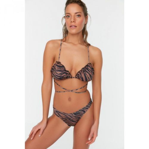 Trendyol Brown Zebra Patterned Frill Detailed Bikini Set