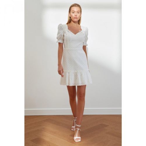 Trendyol White Brode Collar Detailed Dress