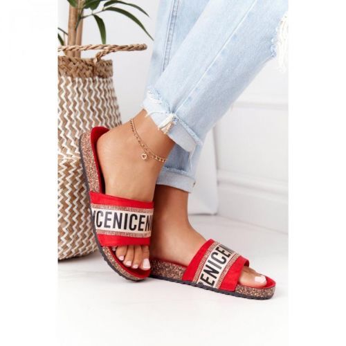 Slippers On Cork Sole With Cubic Zirconia Red Be Nice