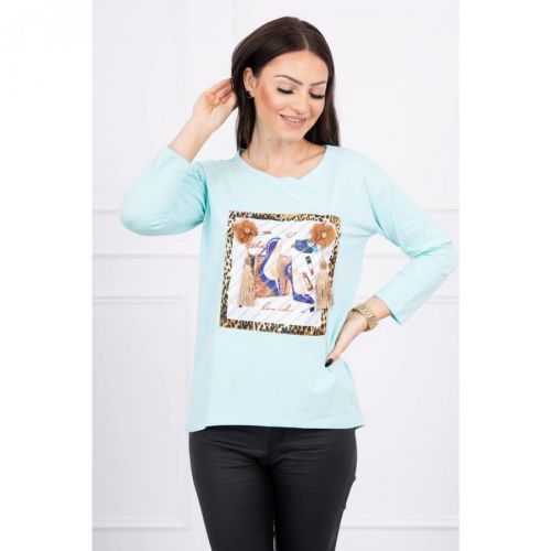 Blouse with graphics 3D and decorative pom pom mint