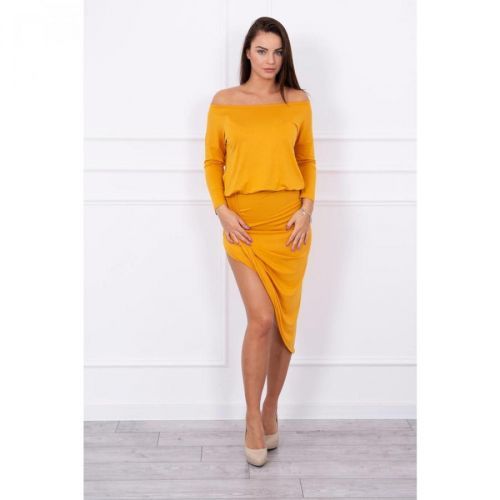 Asymmetric dress, 3/4 sleeve mustard