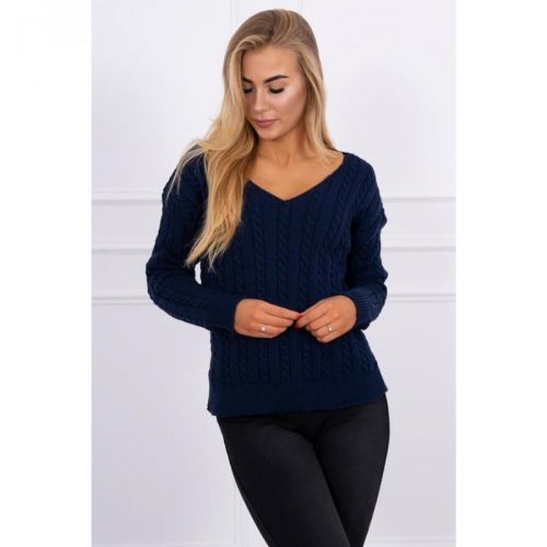 Braided sweater with V-neck navy blue